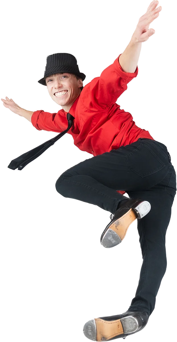 Tap dancer in a red shirt, black tie and pinstripe hat, leaping with arms outstretched